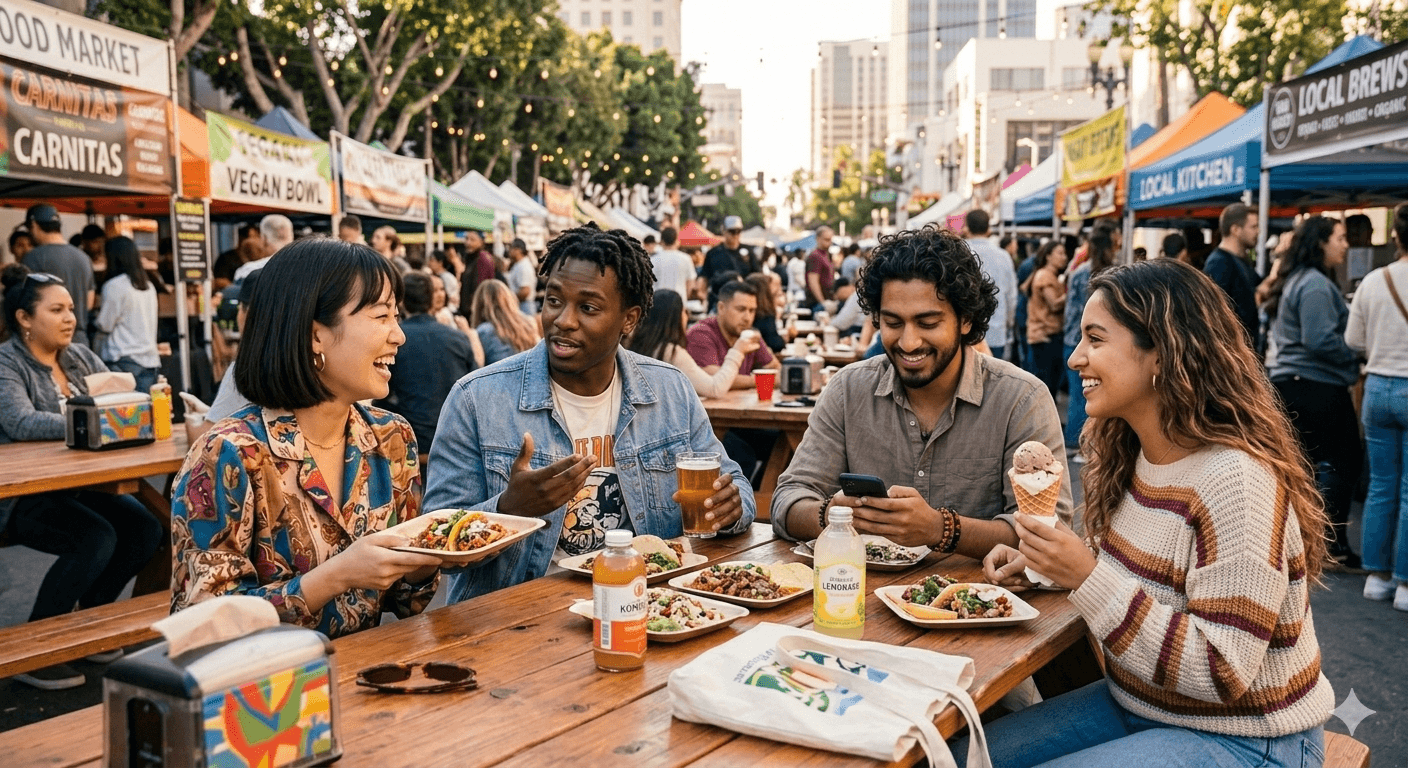 International students enjoying food and conversation at an outdoor market