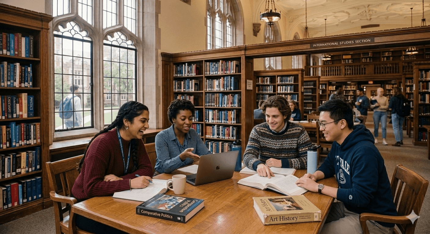Diverse international students studying together in a university library