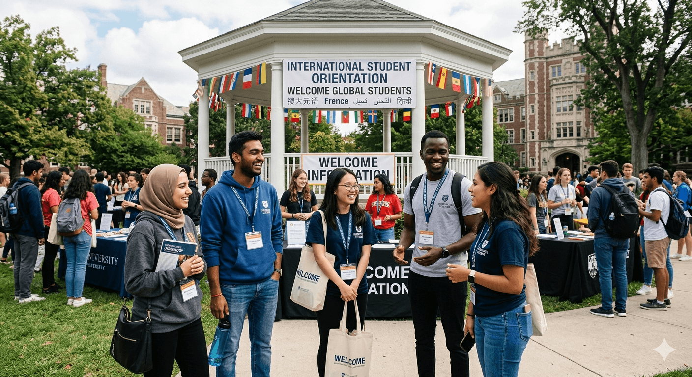 International students at university orientation with welcome signs and flags