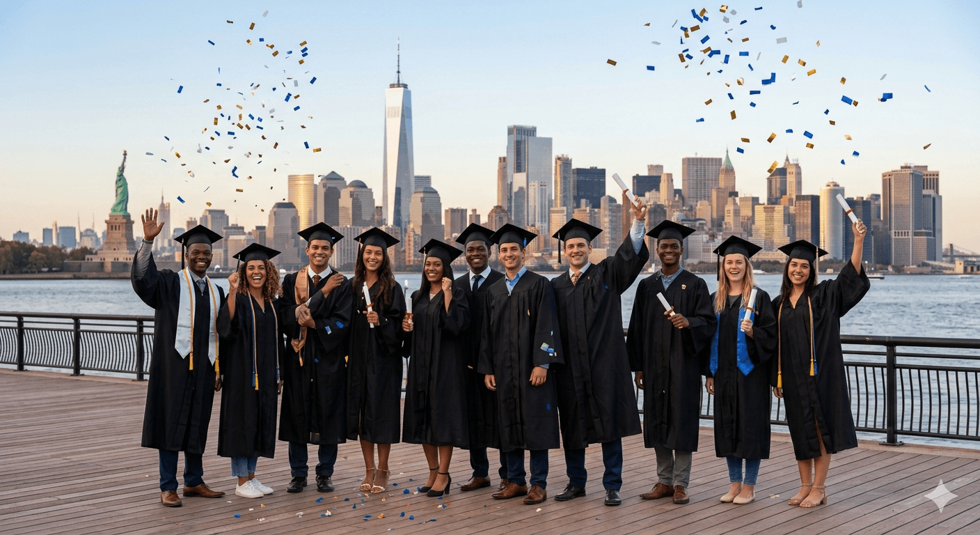 Diverse international graduates celebrating with confetti in front of the New York City skyline