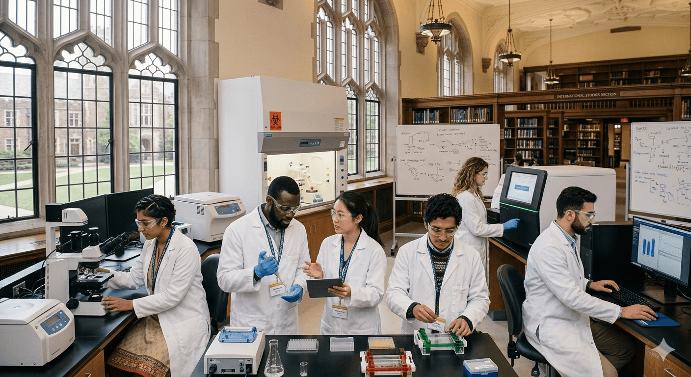 International students in lab coats in a research laboratory