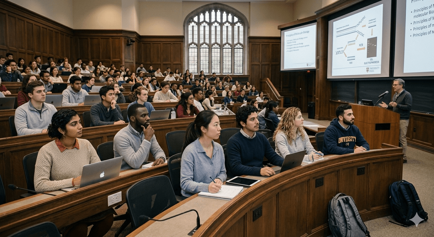 International students in a university lecture hall